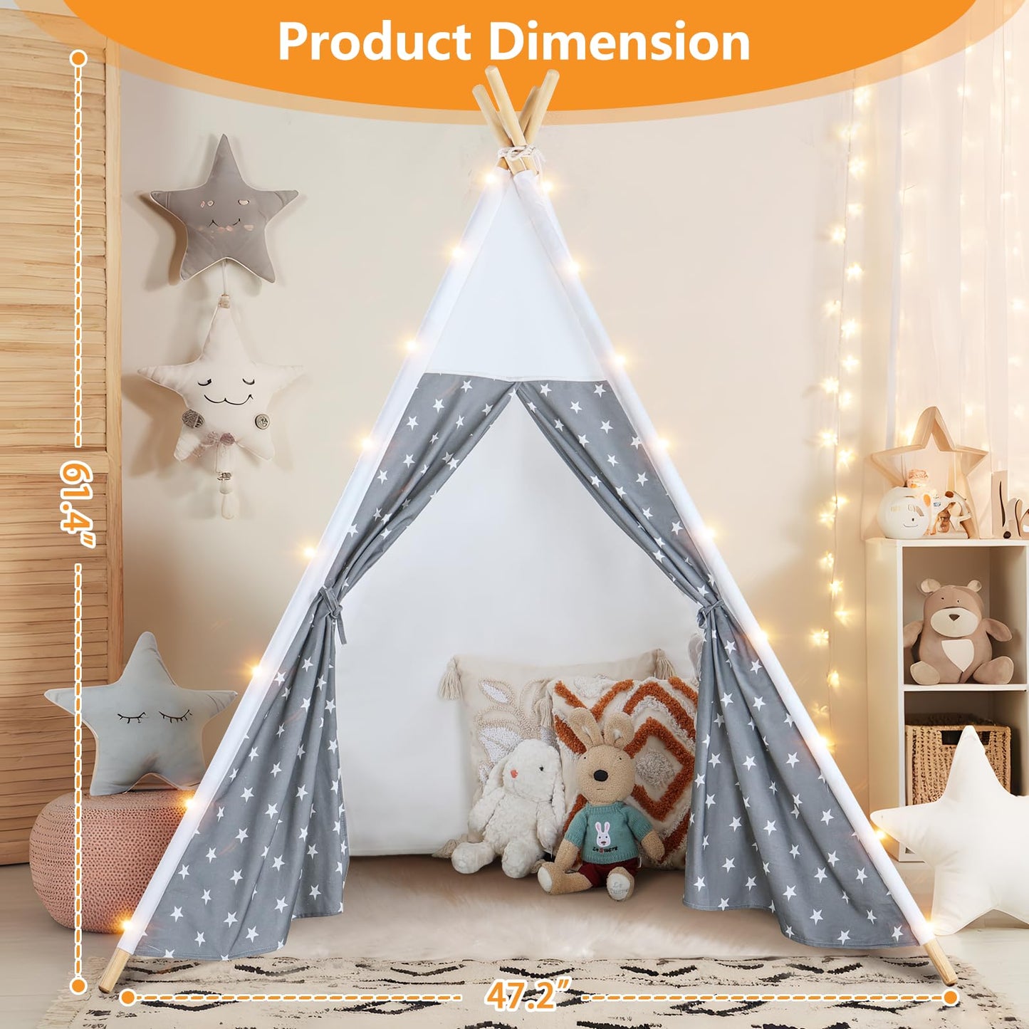 Senodeer Teepee Tent For Kids Indoor - Kids Tee Pee Tent With Light & Flag, Cotton Foldable Toddler Teepee Outdoor, Sleepover Pa