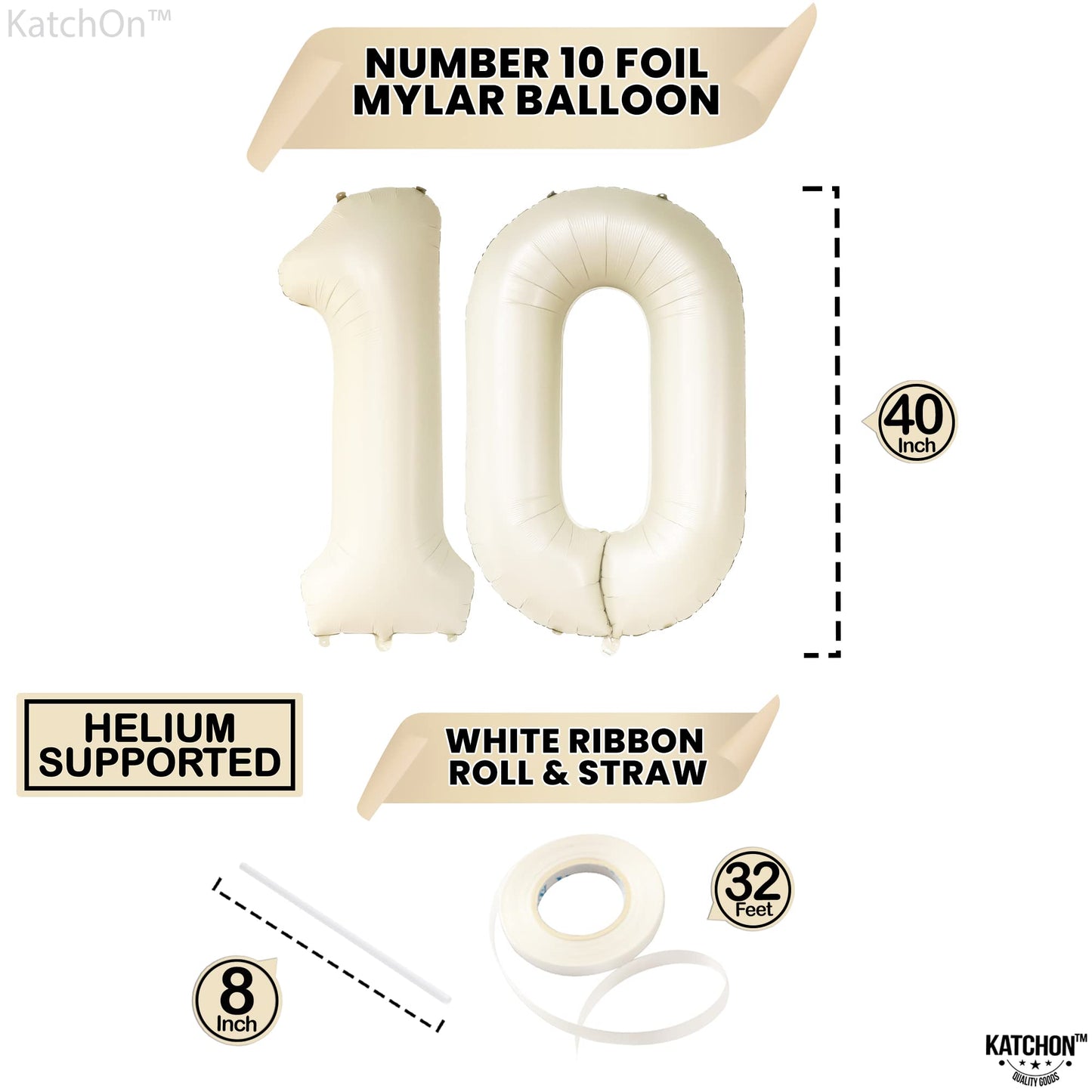 Katchon, Giant Cream 10 Balloon Number - 40 Inch | 10Th Birthday Decorations | Cream 10Th Birthday Balloons For 10 Birthday Decorations Cream | Cream Number 10 Balloons