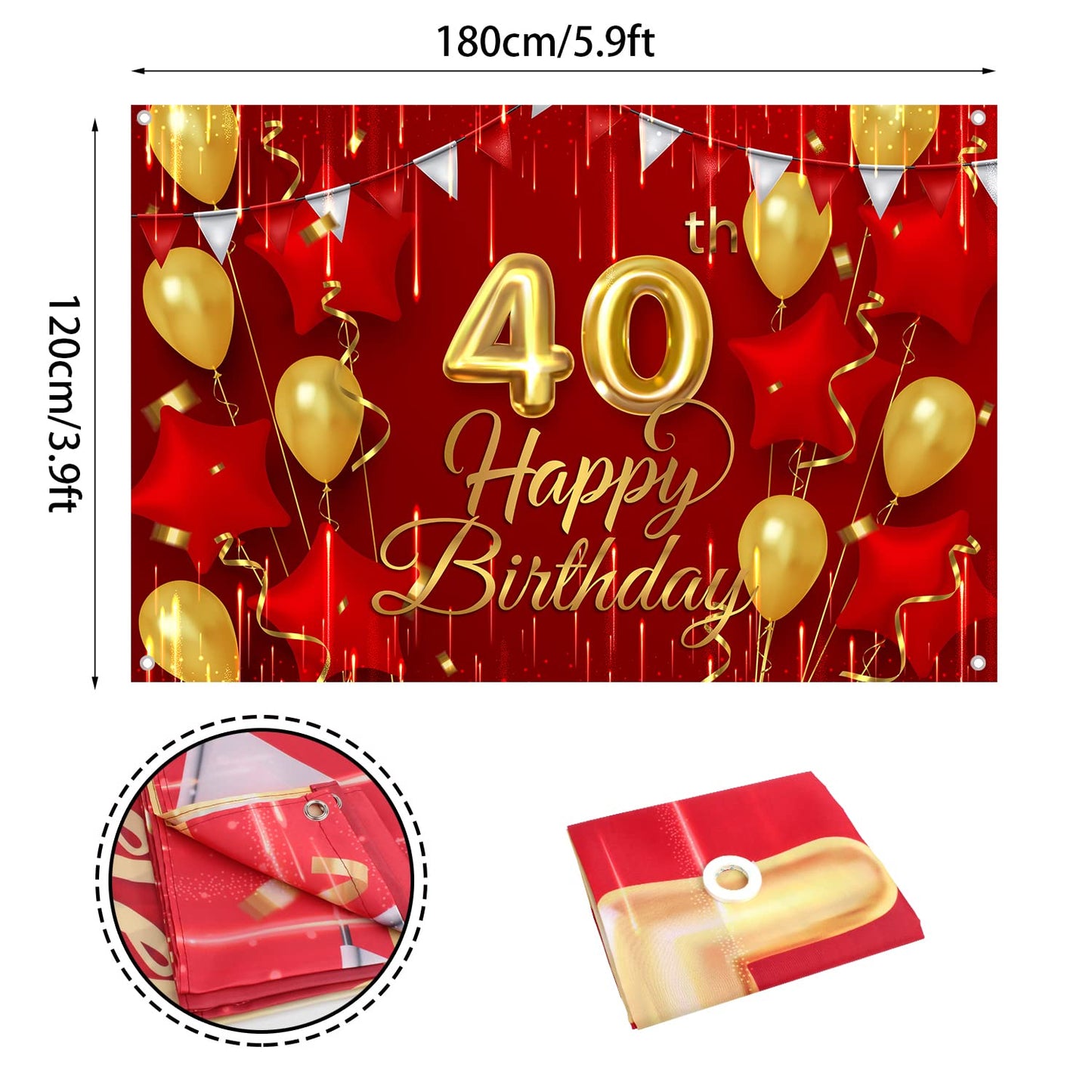 40th Birthday Backdrop Banner Decorations Red and Gold for Women Men Happy 40 Years Old Bday Background Photography Party Decor