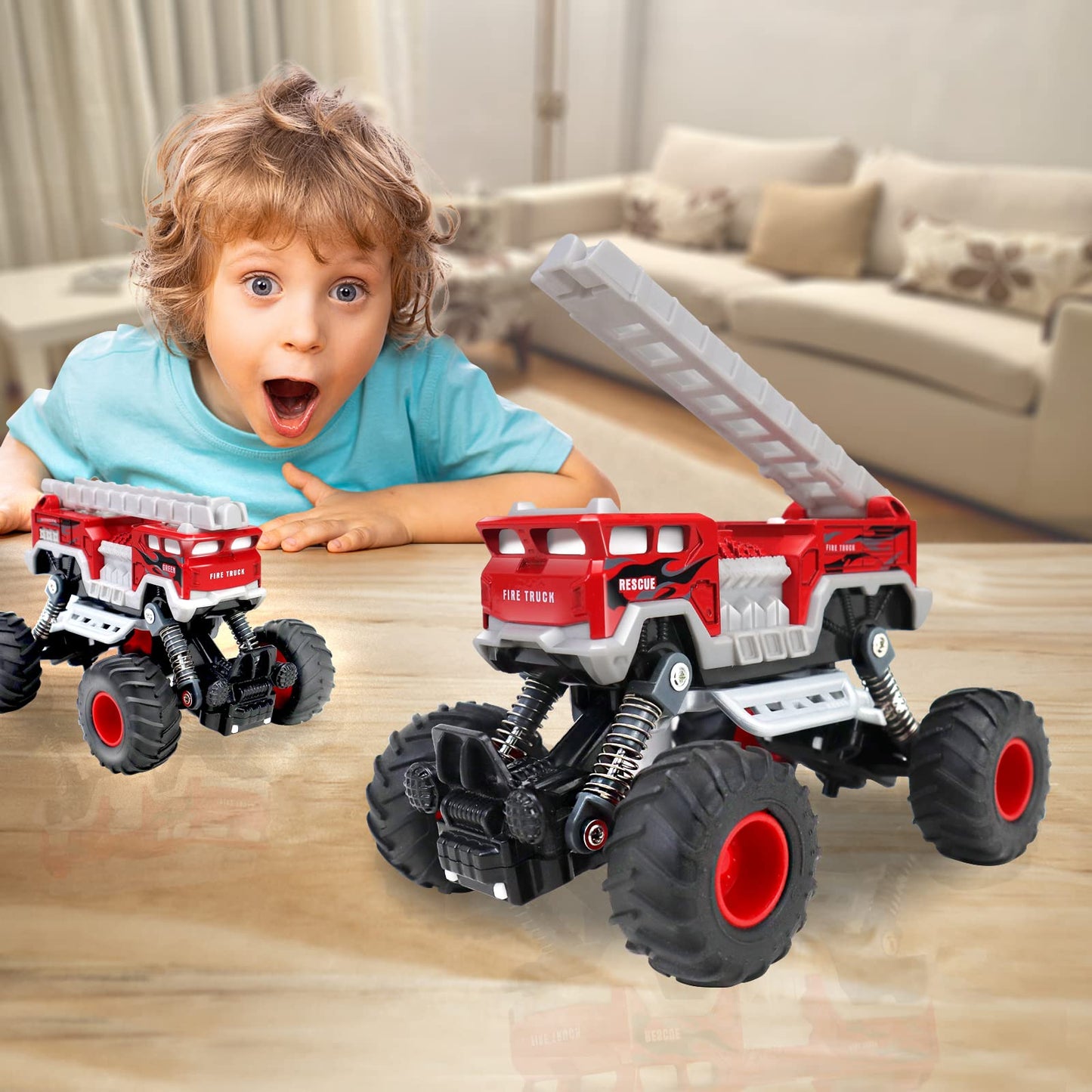 CORPER TOYS Diecast Fire Truck, Monster Truck for Boys Girl with Giant Wheel Pull Back Toddler Cars Toy Sand Truck Alloy Firetru