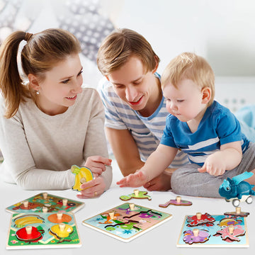 Funsland Wooden Toddler Puzzles - 4 Pcs Eco-Friendly Animal Jigsaw with Handles, Montessori Learning Toys for 1-3 Years Old