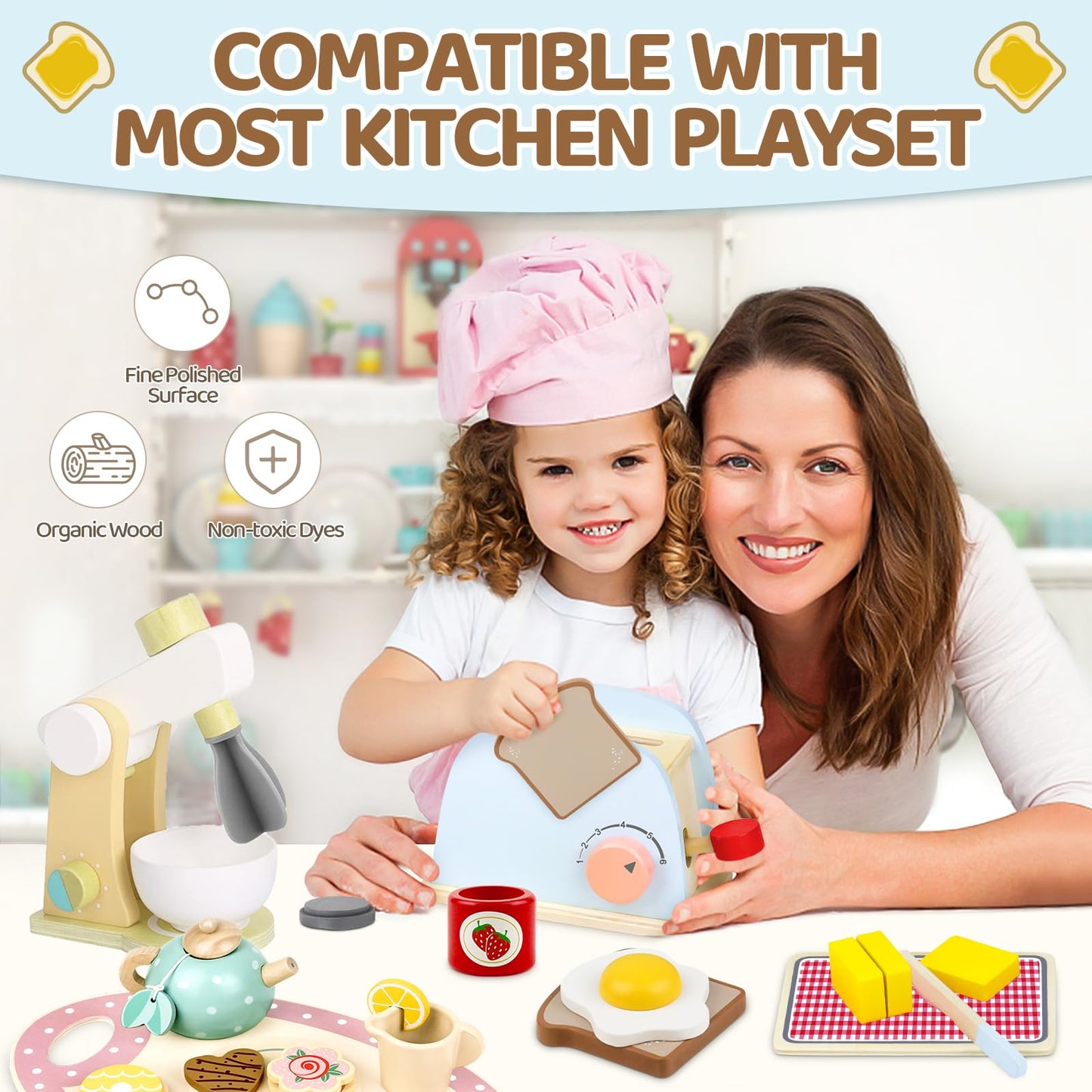 Airlab Play Kitchen Accessories Toddlers 1-3 Wooden Pop-up Toaster Toy Play Food Kids Age 1 2 3, Bread, Butter, Poached Egg Cutt