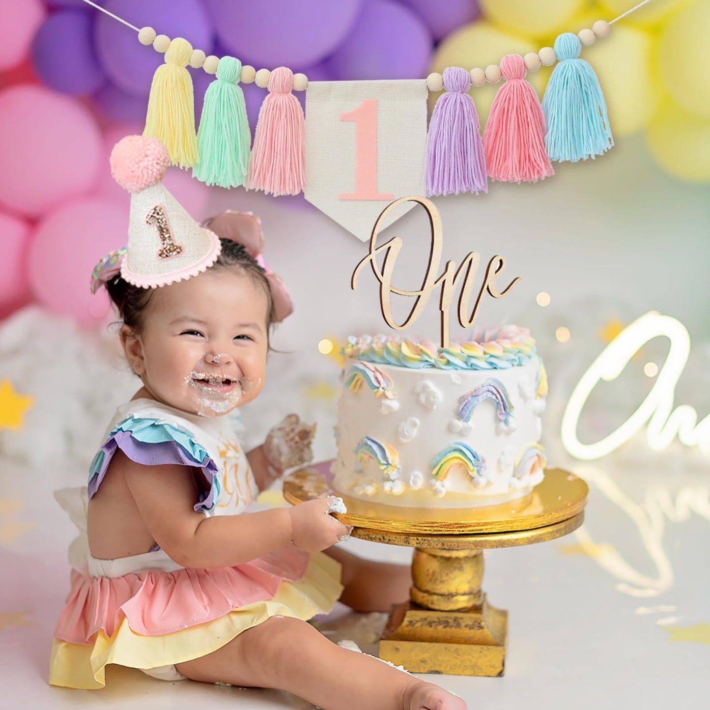 Handmade Boho Macaron High Chair Banner & Hat - Pink Decorations for Girls 1st Birthday - Crown & Cake Topper