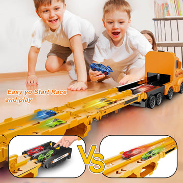 Veslier Race Car Track Toddlers Toys,Race Tracks for Kids with 3 Foldable Layer Car Race Track Playset,Transport Car Carrier & 8