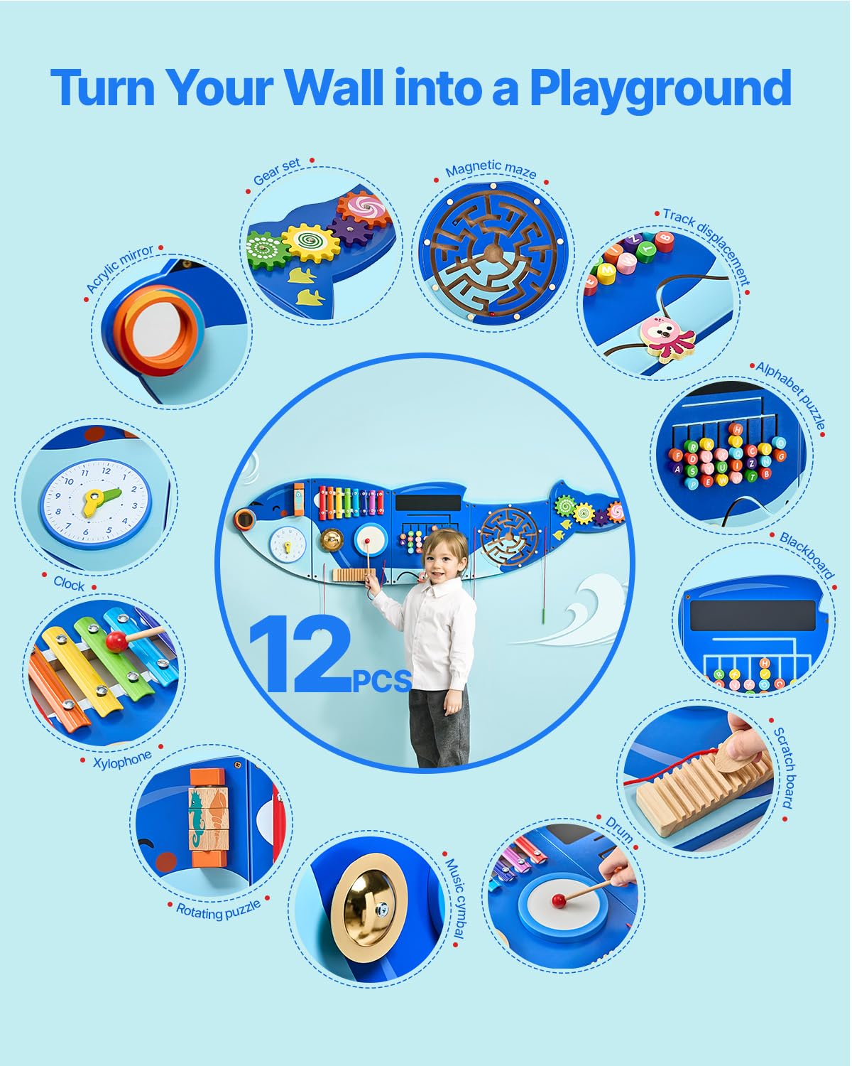 VEVOR Orca Activity Busy Board Wall, 12 Wall Activities Board, Montessori Sensory Wall Panel for Kids 3-12 Years, Sensory Wall A