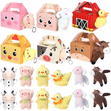 Fainne 12 Pcs Farm Animal Boxes with 12 Pcs Mini Plush Pet Set Adopt a Farm Treat Boxes Foldable Gift Pet Theme Stuffed for Birt