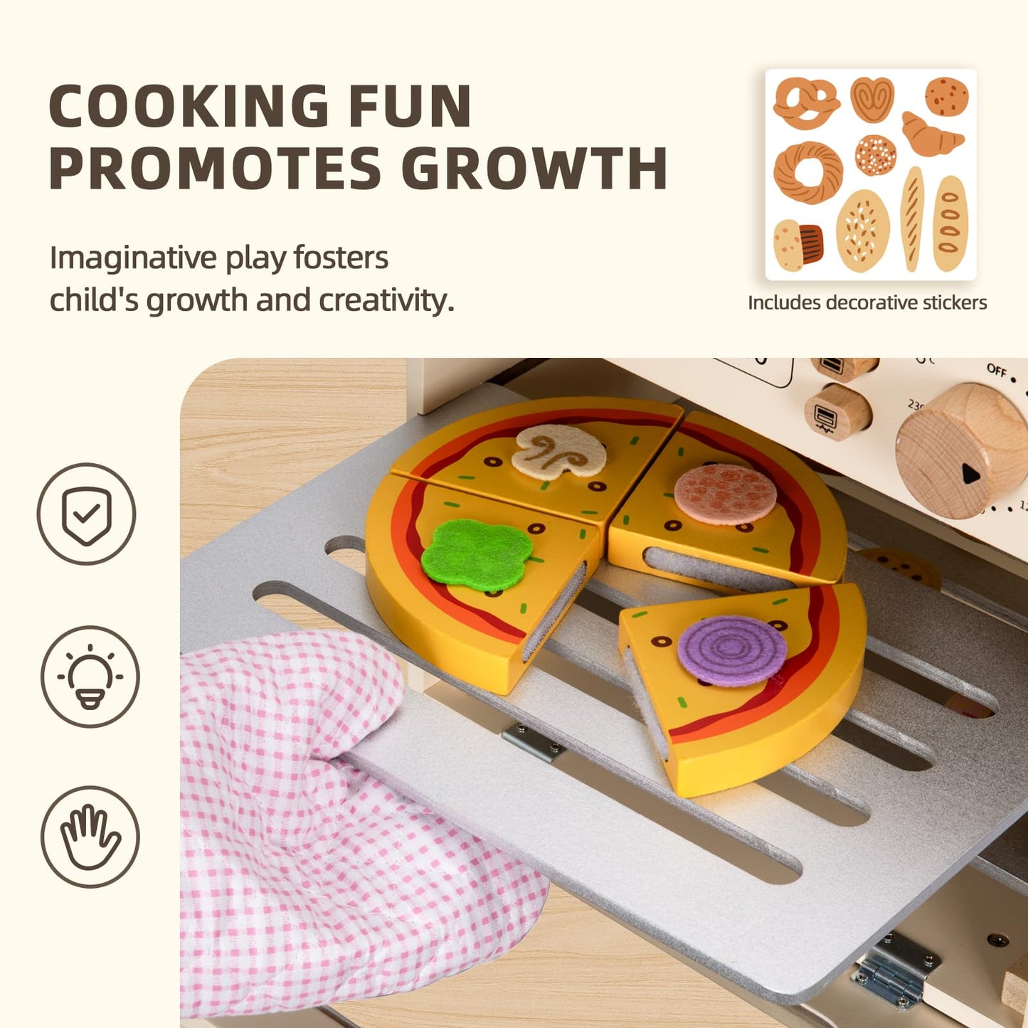 Oook Wooden Kids Oven, Pretend Play Oven For Toddlers With Diy Stickers, Kitchen Play Set Accessories With Push-Pull Baking Tray