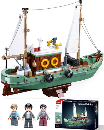 City Fishing Boat Building Kit With 3 Fisherman Minifigures, Ship Building Sets With Fishing Rods & Buckets, Christmas Birthday Gifts Toys For Kids Aged 6-12, Compatible With Lego Boat, 610 Pcs