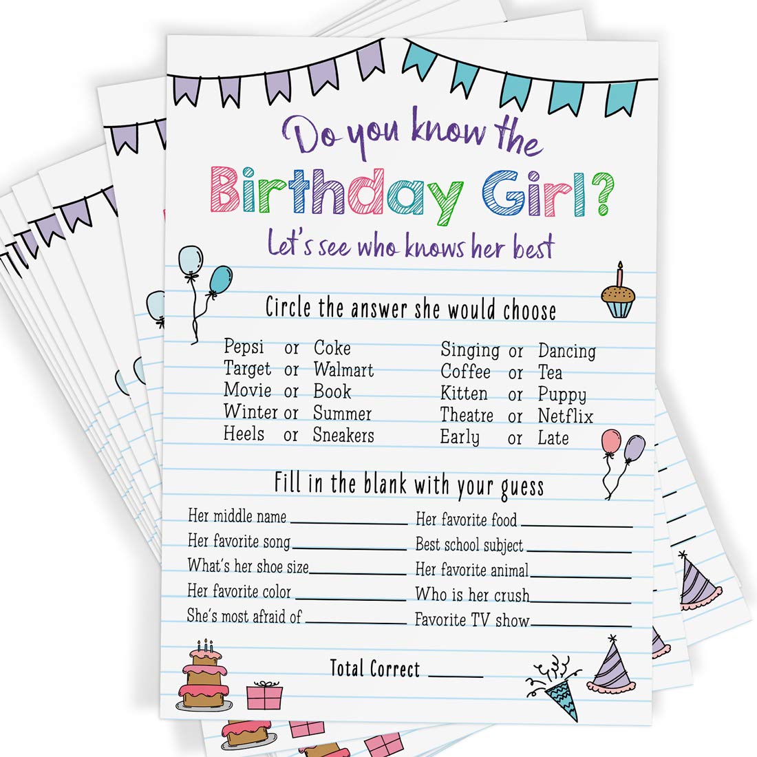 Printed Party Kids Birthday Game, Who Knows Her Best, Notebook Theme, Set of 25
