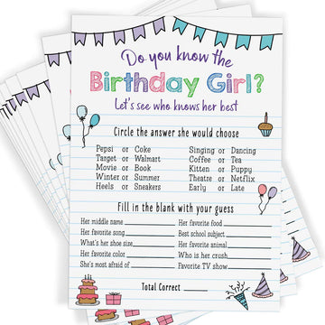 Printed Party Kids Birthday Game, Who Knows Her Best, Notebook Theme, Set of 25