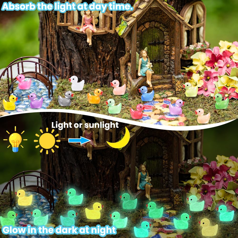 Dulefun 200Pcs Luminous Mini Resin Ducks 20 Colors Small Tiny Little Duck Figurines To Hide Glow In The Dark Miniature Figures F