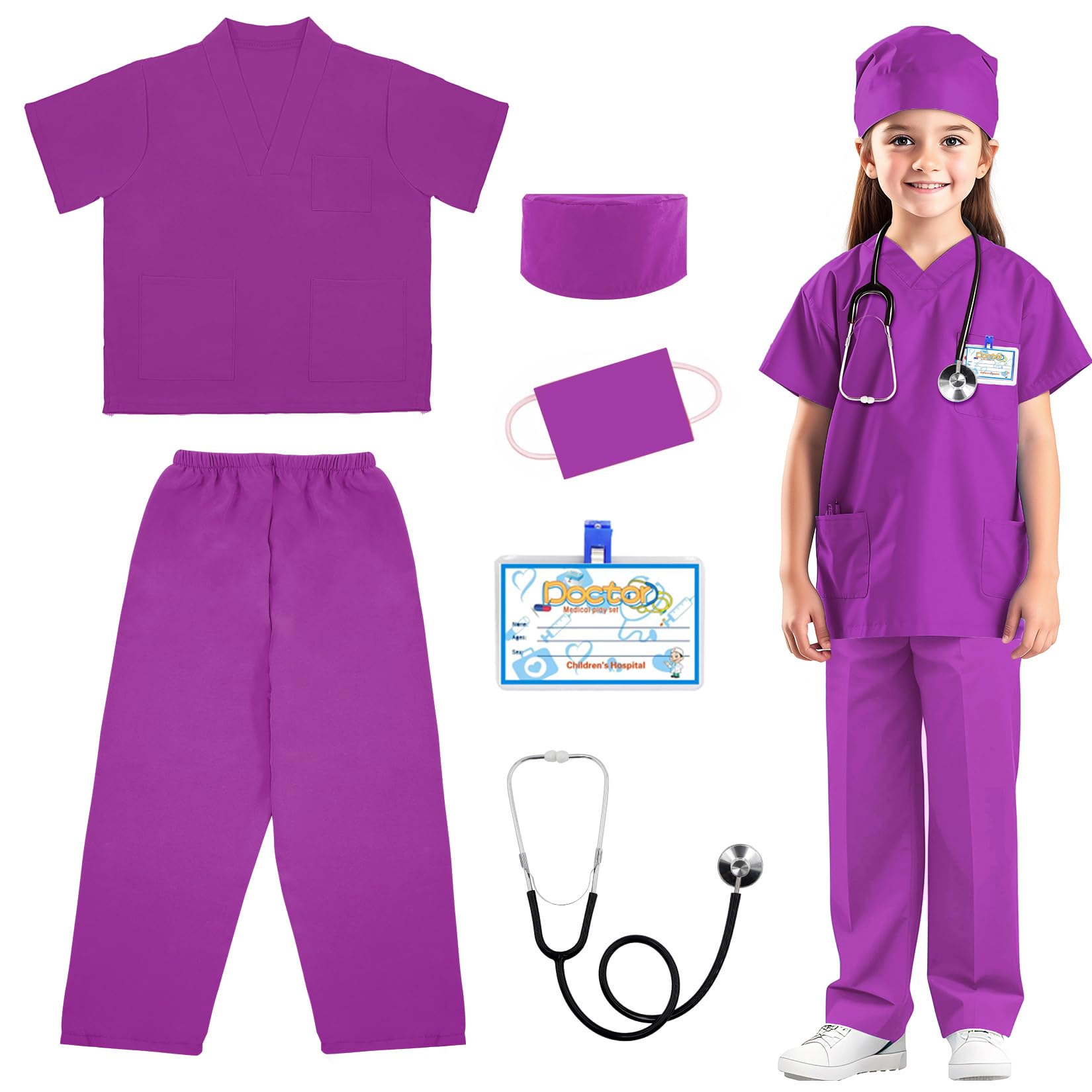 Riorand Doctor Costume For Kids,Toddler Nurse Scrubs With Accessories Christmas Dress Up Cosplay For Boys Girls 3-11 Years