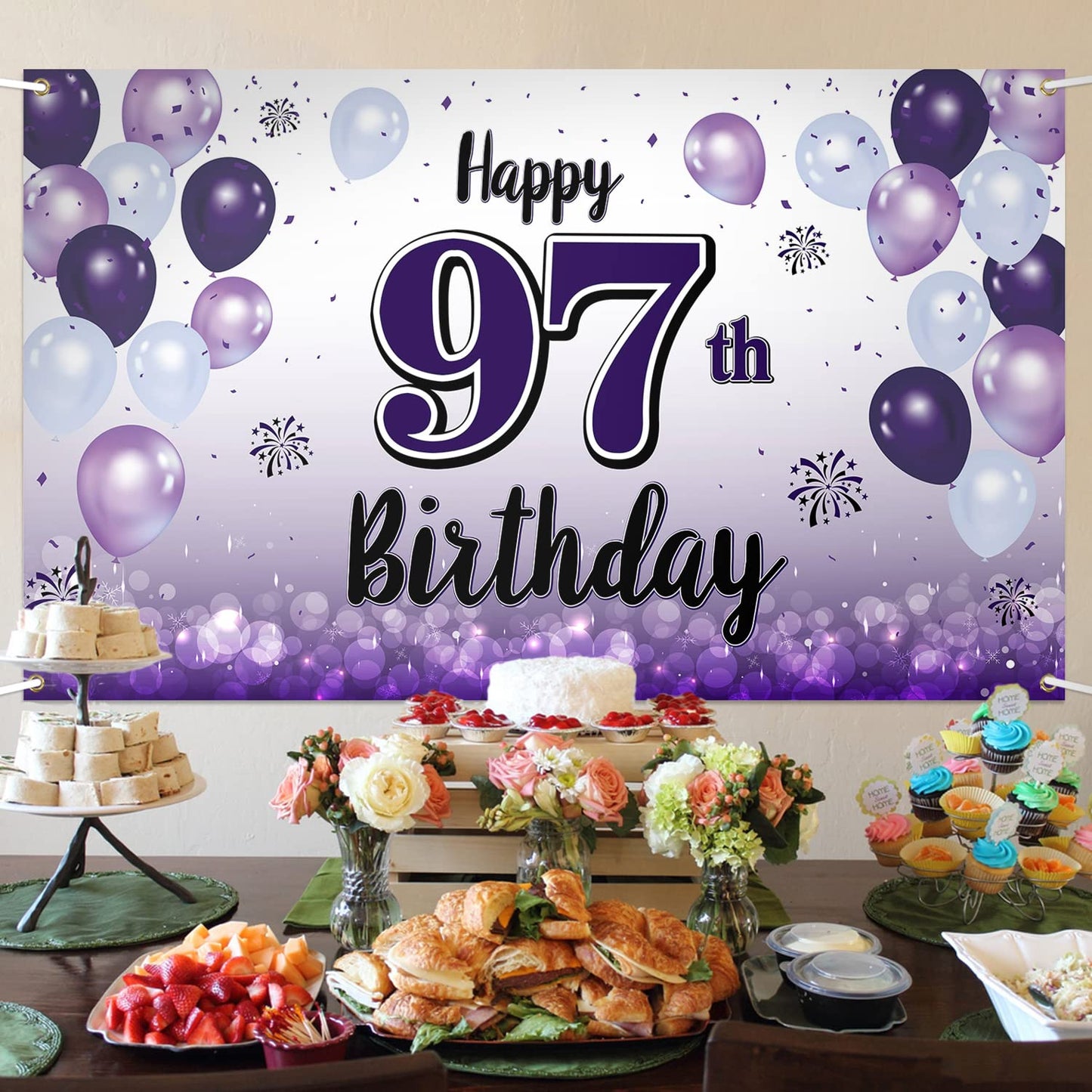 LASKYER Happy 97th Birthday Decorations,97th Purple Balloon Large Birthday Banner Backdrop Sign,97 Years Old Bday Party Supplies