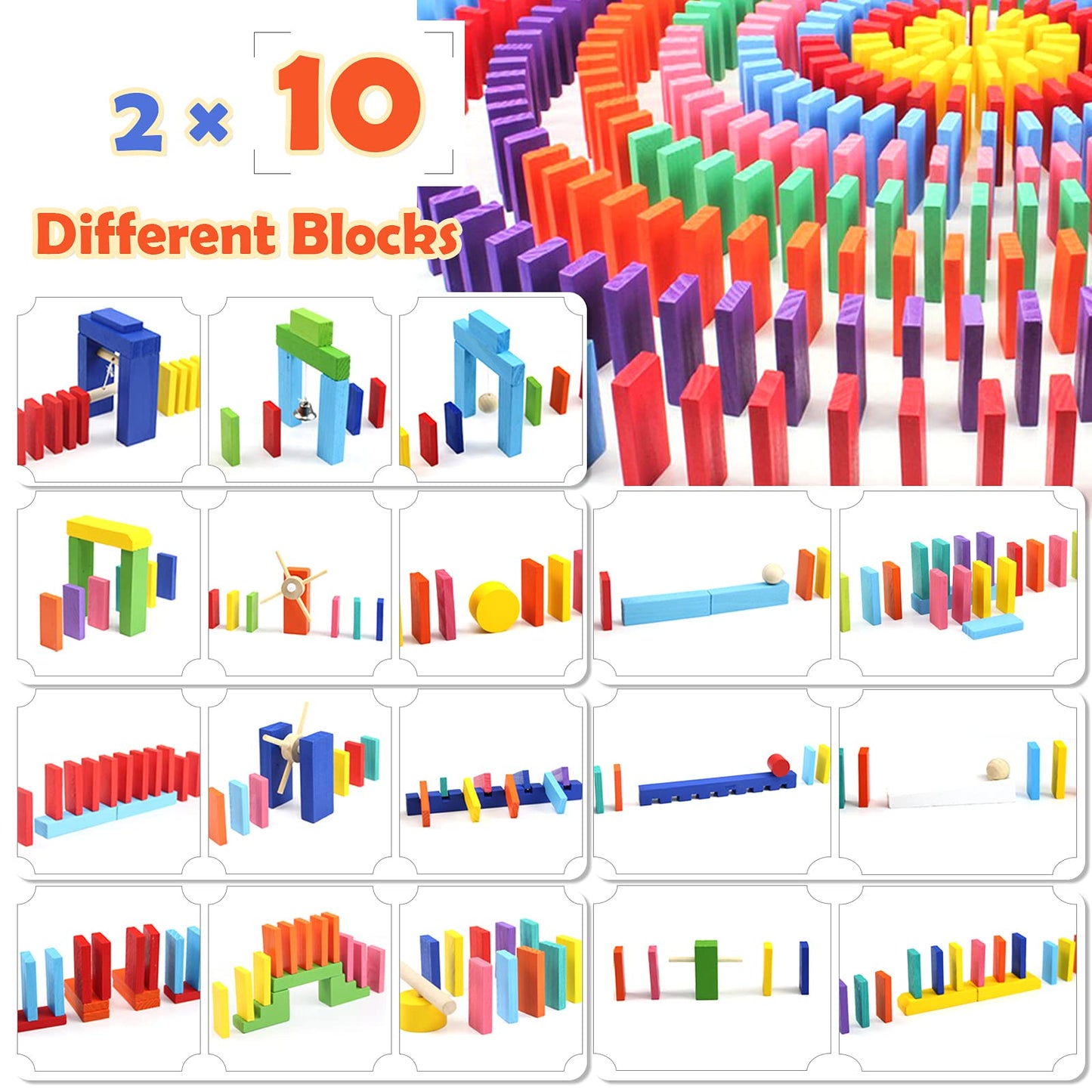 WOOD CITY 1000 Piece Wooden Dominoes Set for Kids - Colorful Stacking Blocks with Storage Bag - Educational Toy