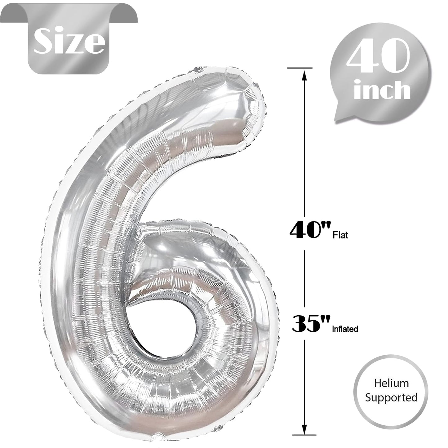 Silver Number 6 Balloon 40 Inch, 6 Balloon Number, 6Th Birthday Decorations, Silver Party Supplies For Boys Girls