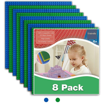 Unirolic 8 Pack Classic Baseplates 10' X 10' Sturdiness Building Platforms - Compatible With All Major Brands Building Bricks, Suitable For Kids And Adults As A Gift -Blue&Green