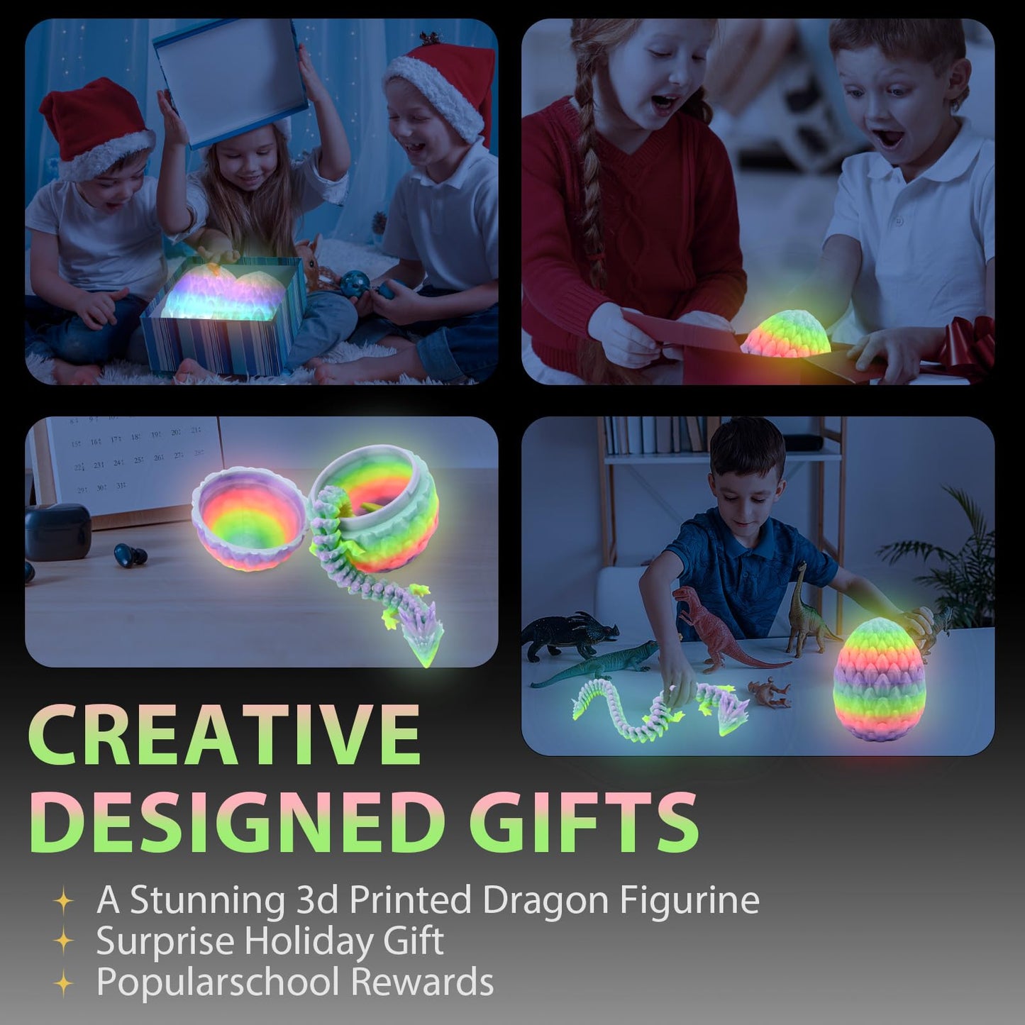Fuwkeo 5" Dual-Color 3D Printed Dragon Egg with 12" Flexible Crystal Dragon - Luminous Rainbow Mythical Gift
