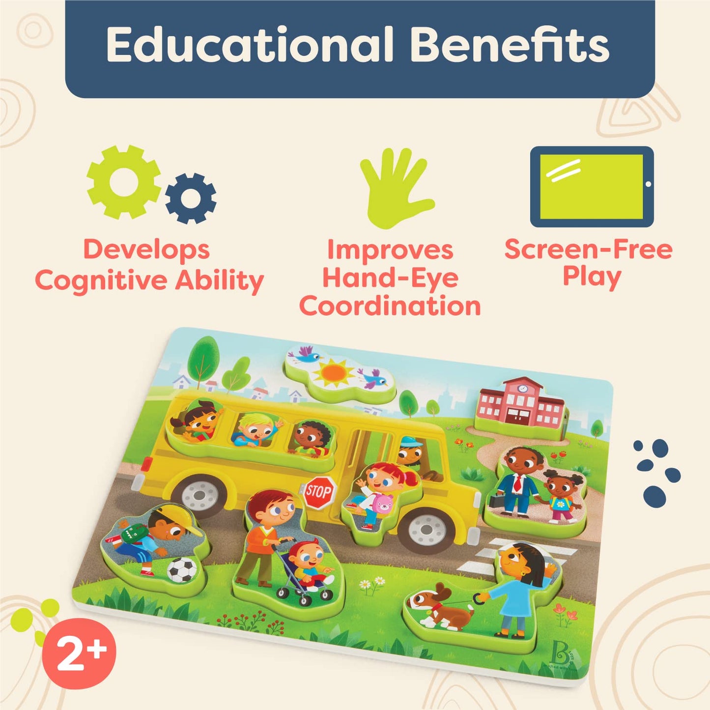 B. Toys- Peek & Explore - School Buschunky Puzzle – Puzzle For Toddlers, Kids – School Bus Puzzle – School, Bus, Students – 2 Years +