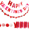 Daifunli 3 Pcs Pre-Strung Happy Valentines Day Banner Felt Ball Garland - Red Felt Heart Shaped Garland Farmhouse Wool Felt Hear