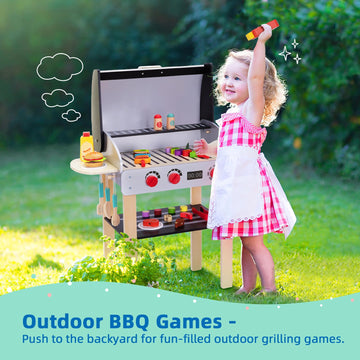 OOOK Wooden Play Barbecue Toy Grill, Kids Grill Playset with Play Food and Grilling Tools, Play Kitchen Accessories for Toddlers