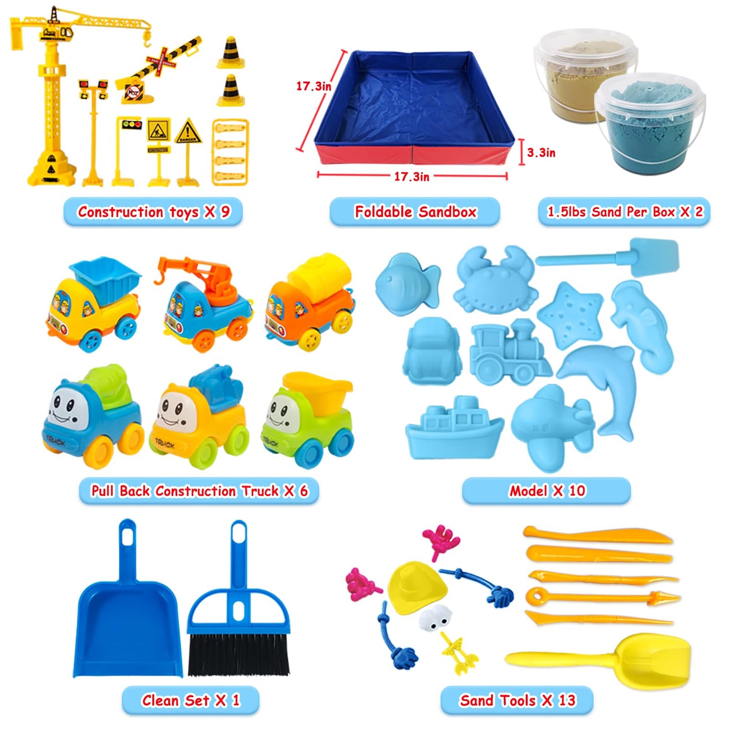 ESSENSON Play Construction Sand Kit - 3lbs Sand with 2 Colors, 6 Mini Construction Trucks, Construction Toys and Signs, Animal M