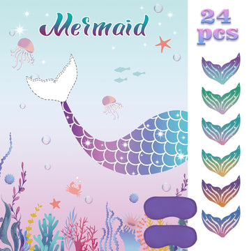 Pin The Tail On The Mermaid Party Game With 24 Pcs Tails For Kids Girls Birthday 21'' X 28'' (Mermaid)