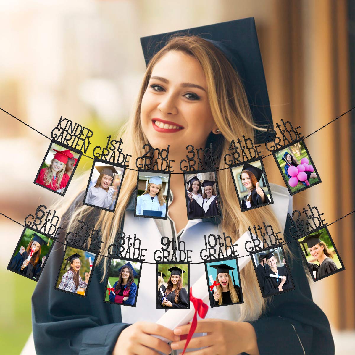 Black Glitter K-12 Graduation Photo Banner Kindergarten to 12th Grade Graduation Picture Banner for Grade Photo Kindergarten Par