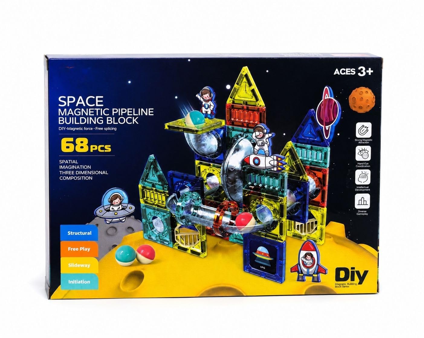 68 Pcs Magnetic Building Blocks Set For Kids 3+ Years, Space Theme Construction Toy With Magnetic Tiles, Creative Learning & Edu