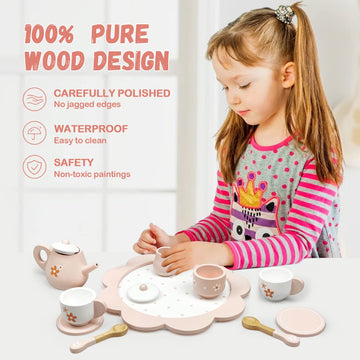 Wooden Afternoon Tea Set Toys for Toddlers Realistic Teapot Cups Carrying Tray Scoops Pretend Play Learning Role Play 12 pcs Pin