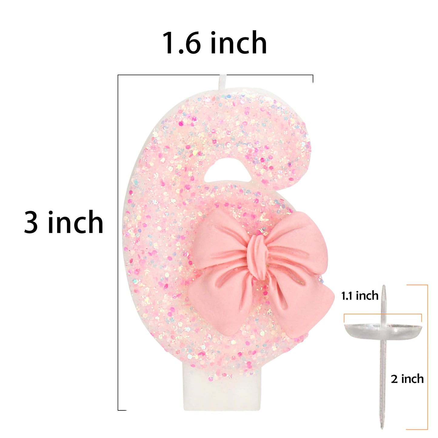 ElekFX Birthday Candle for Cake, 6 Candle - Pink Glitter with Bowknot, 2.76 inch Happy Birthday Candle, Cake Topper Decoration f