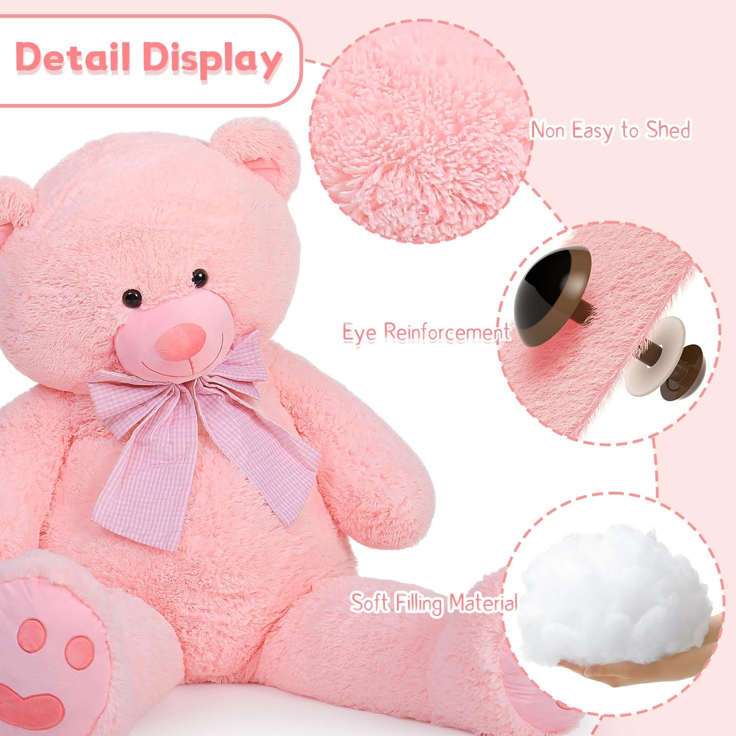 Morismos 5Ft Giant Pink Teddy Bear Stuffed Animal, Large Teddy Bear Plush Toy With Footprints And Bow, Gift For Girlfriend, Wife, Girls At Birthday Valentines, Christmas, Baby Shower Decor