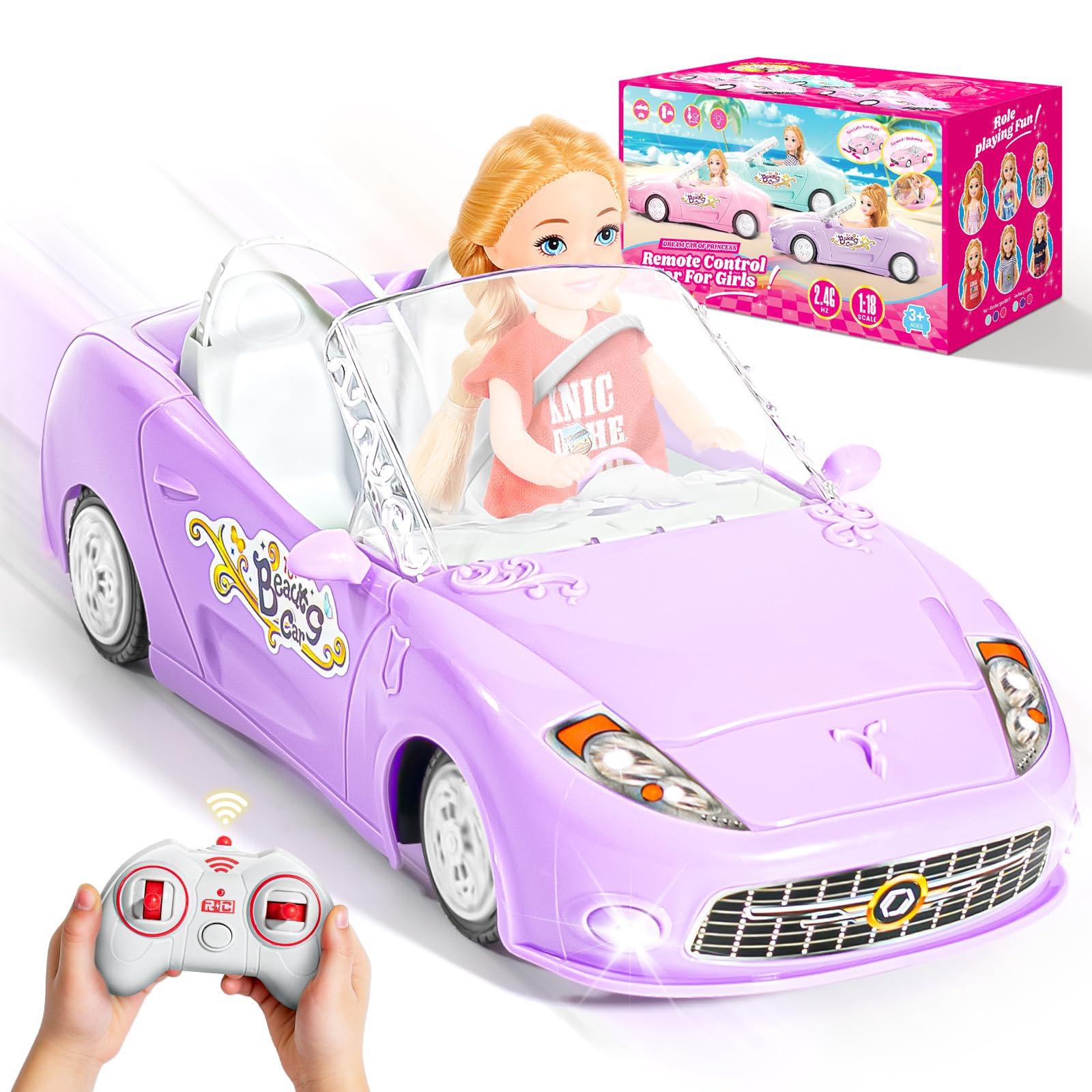HapKid Purple Remote Control Car for Girls, 1:18 Scale RC Cars with LED Light, 2.4 GHZ Pink Truck Toy for Toddlers Kids, Birthda