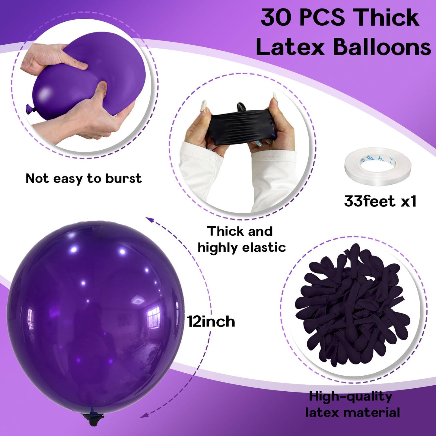 Jobkoo Purple Balloons, 12 Inch 30 Pcs Dark Purple Balloon Matte Royal Purple Latex Balloons For Arch Deep Purple Party Helium B