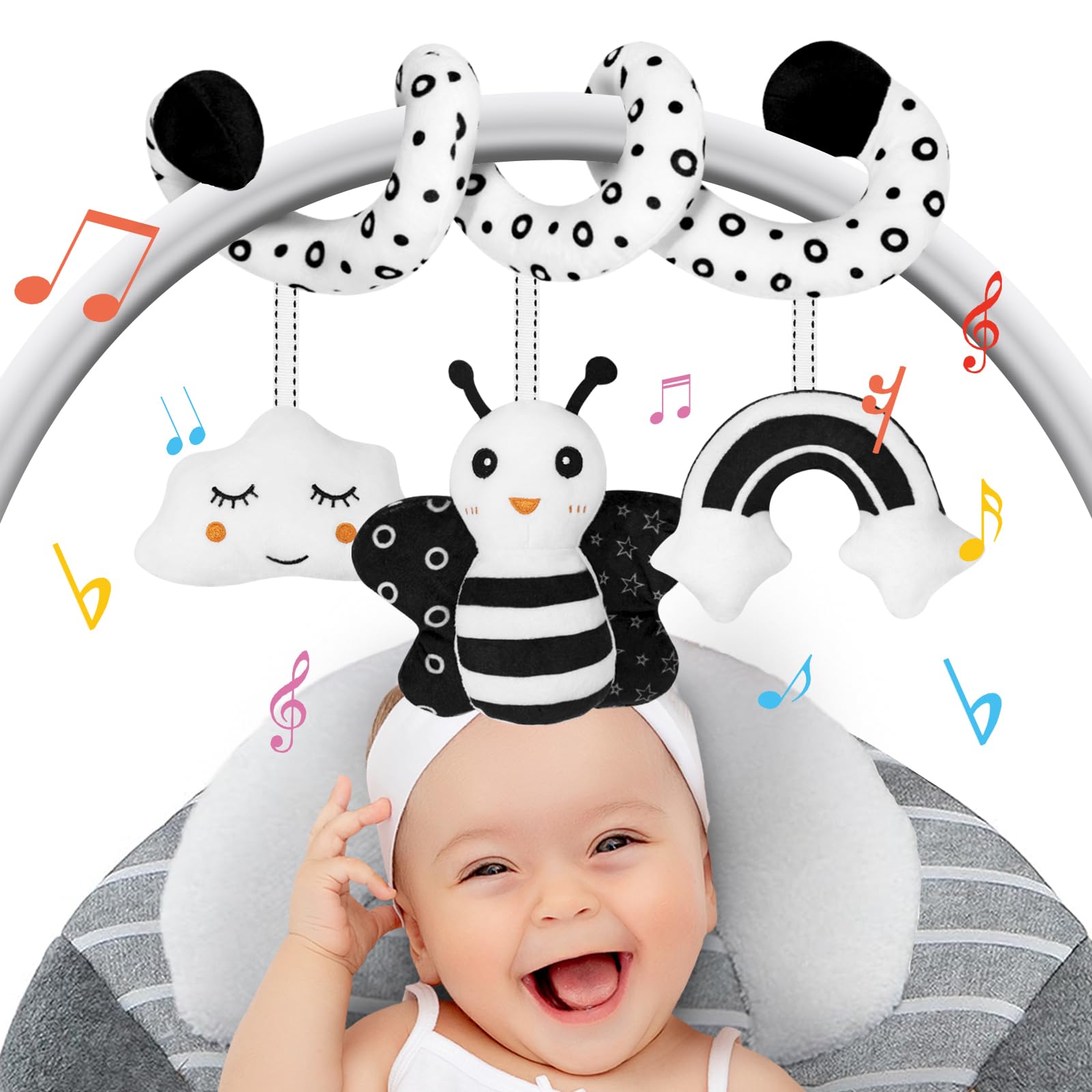 Fati Baby Spiral Car Seat Toys Hanging Toys, Black And White High Contrast Newborn Sensory Toys For 0 3 6 9 12 Months Girls Boys