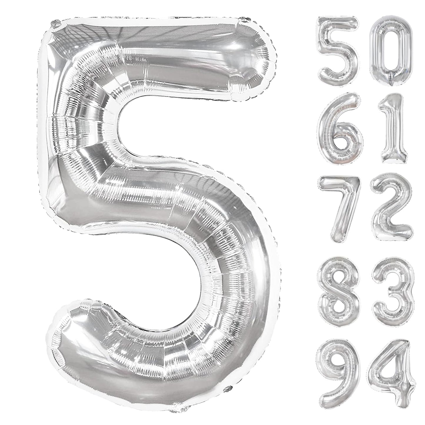 Silver 5 Balloon, Number Balloons 40 Inch, 5Th Birthday Balloon Decorations, Silver And Black Party Supplies, 5 Number Balloons,