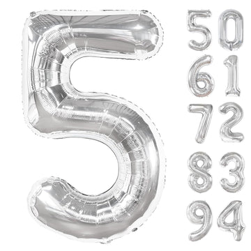 Silver 5 Balloon, Number Balloons 40 Inch, 5Th Birthday Balloon Decorations, Silver And Black Party Supplies, 5 Number Balloons,