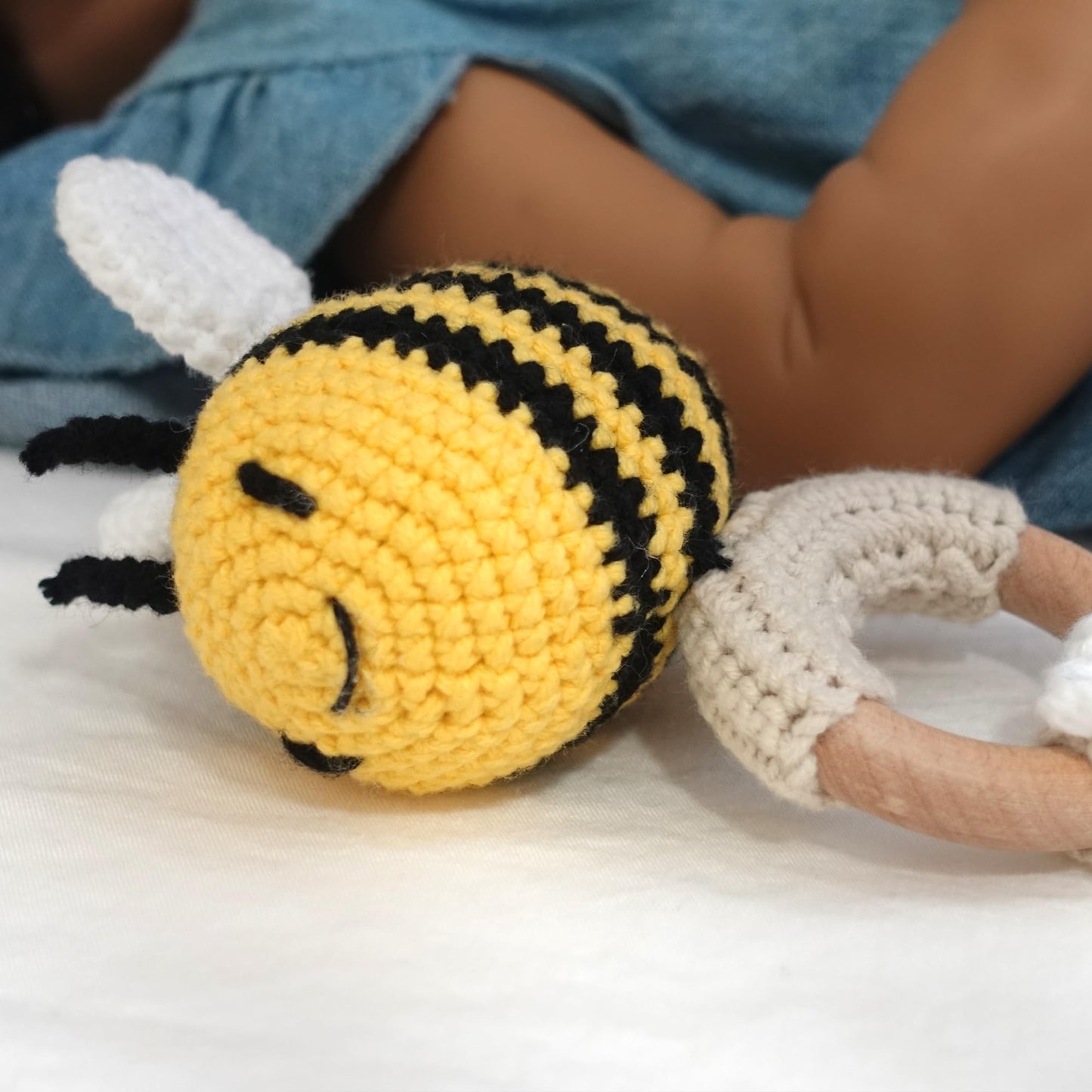 Dicha Crochet Bee Baby Rattle - Sensory Toy For Babies - Ideal For Baby Shower - Includes Beech Teething Ring