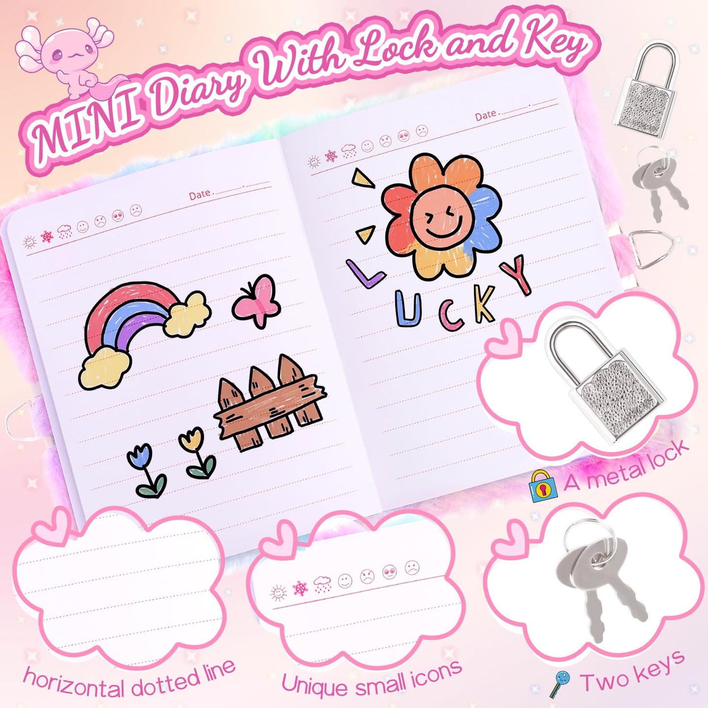 Prinbarbee Mini Axolotl Diary For Girls With Lock And Keys,4.7X6.1In Kids Journal School Travel Notebook Gift Set For Writing An