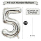 Paticool Silver Number 5 Balloon, 40 Inch Large Number Foil Mylar Balloons For 5Th Girl Boy Birthday Party Celebration Decoratio
