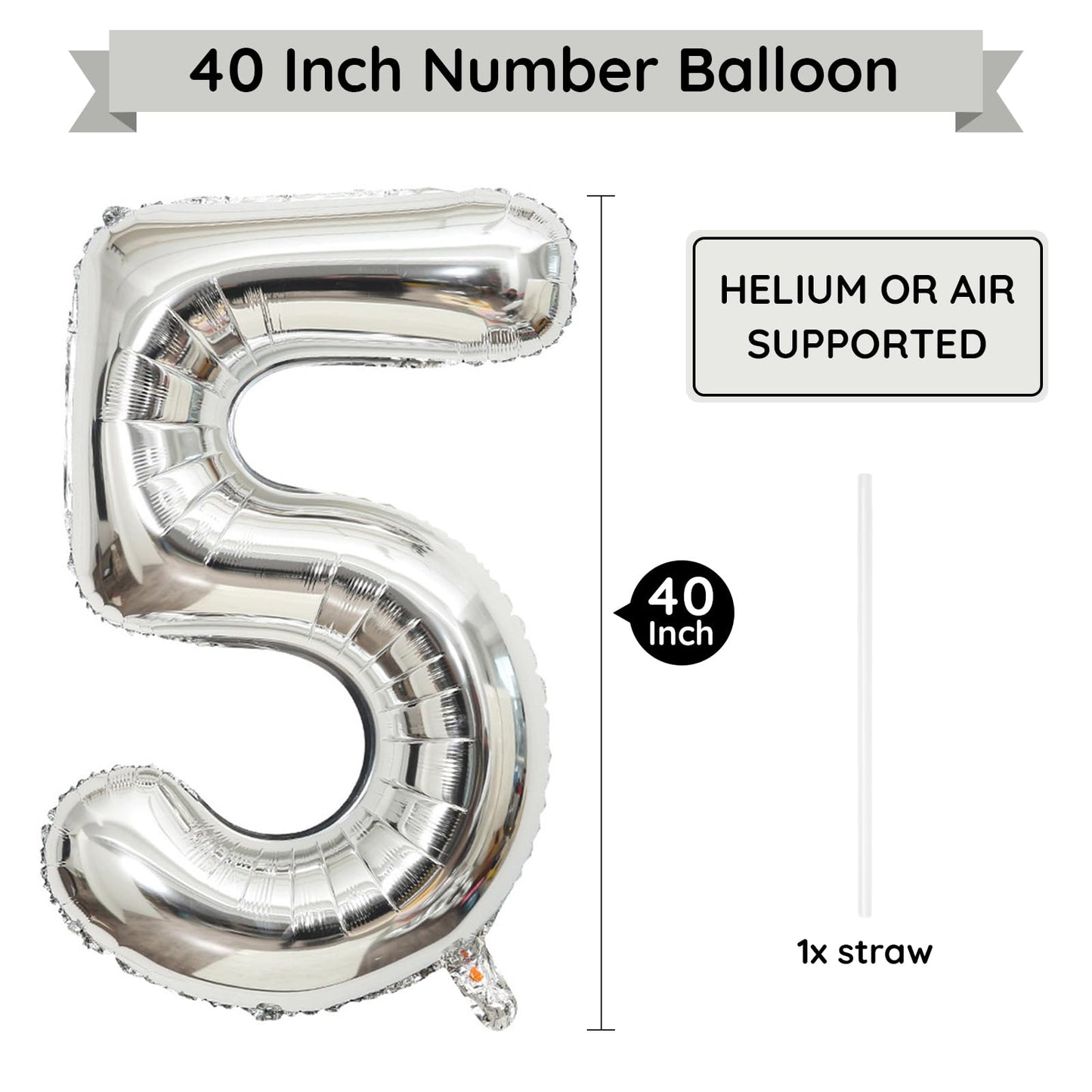 Paticool Silver Number 5 Balloon, 40 Inch Large Number Foil Mylar Balloons For 5Th Girl Boy Birthday Party Celebration Decoratio