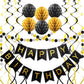 Black Birthday Decorations, Happy Birthday Banner, Paper Pom Poms, Circle Garland And Hanging Swirl Birthday Decorations, Black And Gold Birthday Decorations