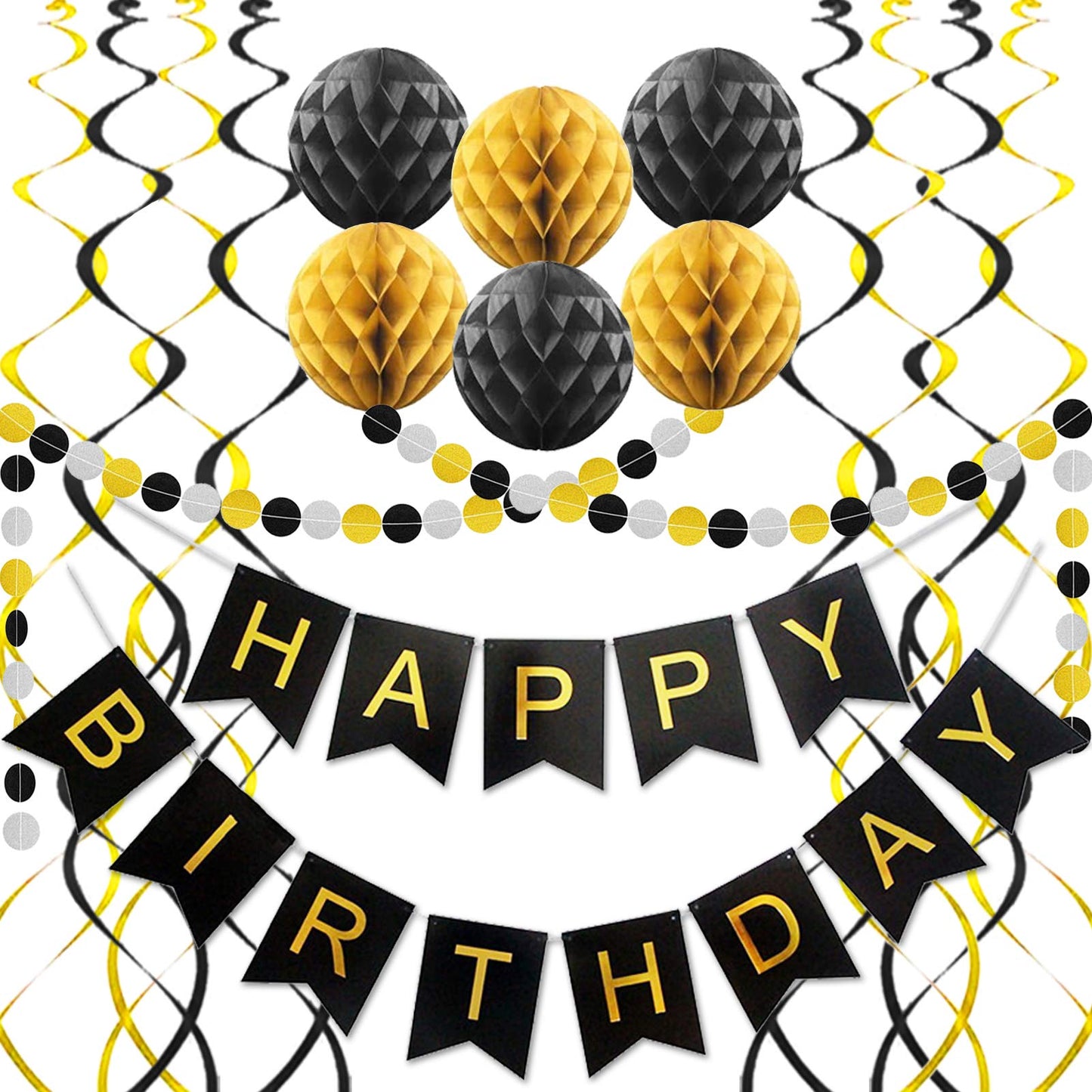 Black Birthday Decorations, Happy Birthday Banner, Paper Pom Poms, Circle Garland And Hanging Swirl Birthday Decorations, Black And Gold Birthday Decorations