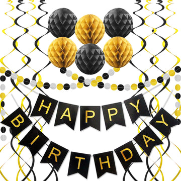 Black Birthday Decorations, Happy Birthday Banner, Paper Pom Poms, Circle Garland And Hanging Swirl Birthday Decorations, Black And Gold Birthday Decorations