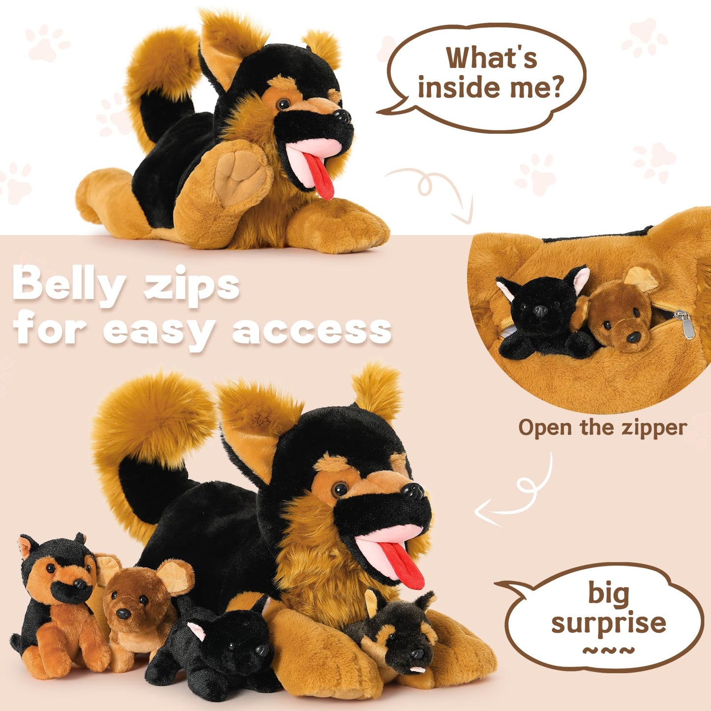 Beniny 5Pcs German Shepherd Stuffed Animals Dog Set - Mommy Black Large German Shepherd Plush 20 Inch With 4 Puppies -Stuffed Ge