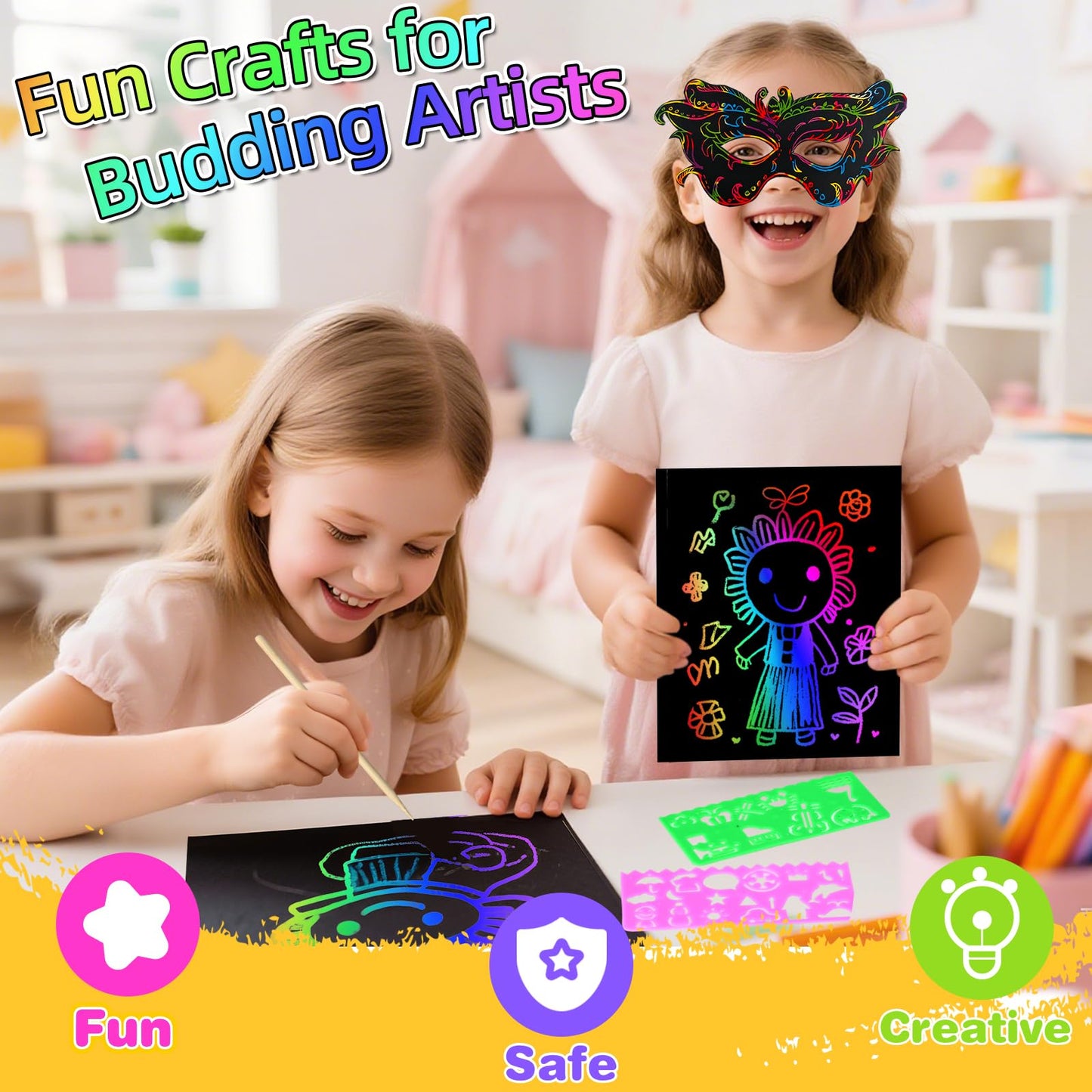 GLCSC 60 Pcs Scratch Art for Kids, Rainbow Scratch Paper, Black Magic Scratch Off Craft Set for 3 4 5 6 7 8 9 10 Years Old Girls