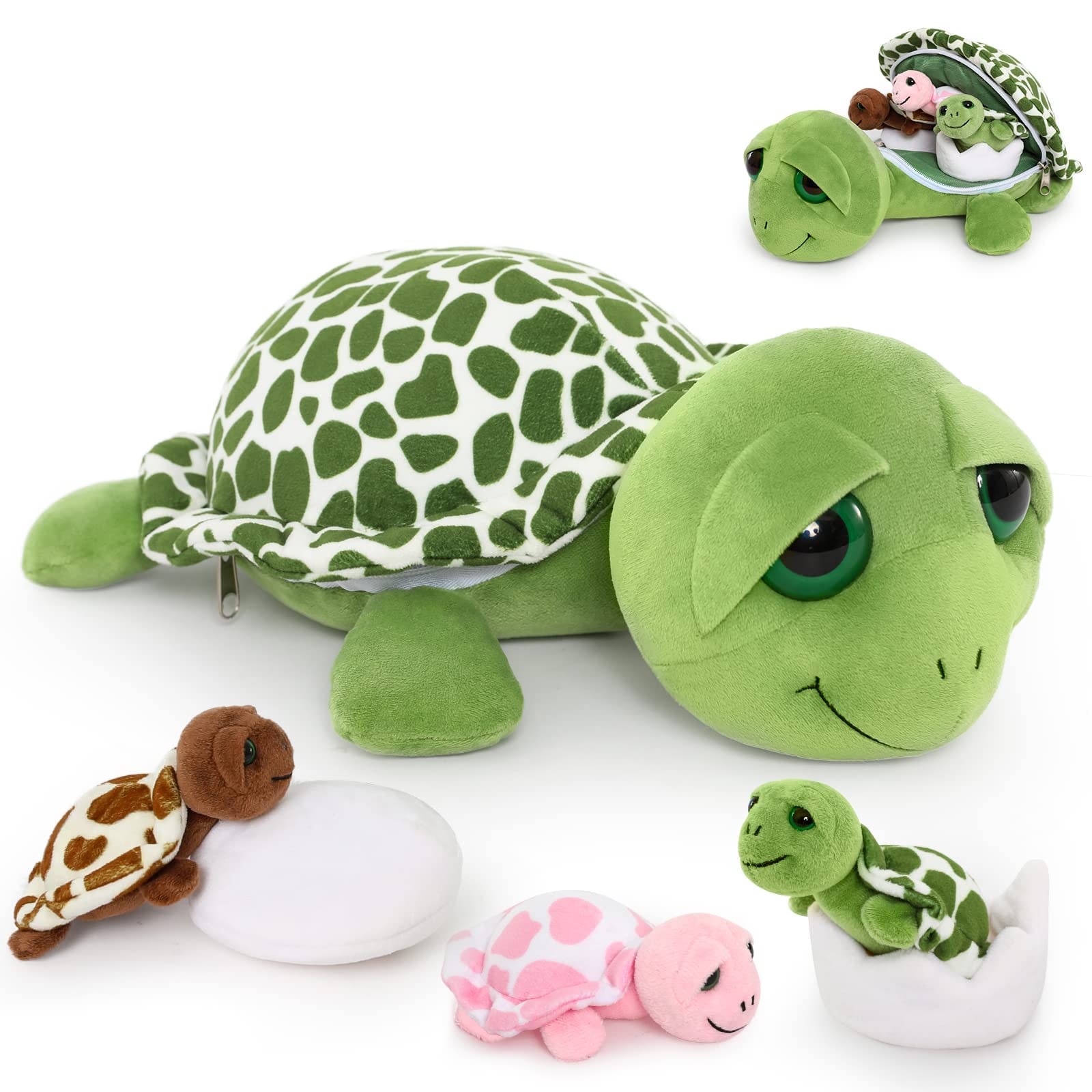 Morismos Sea Turtle Stuffed Animal-14'' Mom Stuffed Turtle With 3 Baby Turtle Toys & 2 Plush Turtle Eggs In Zipper Tummy, Stuffe