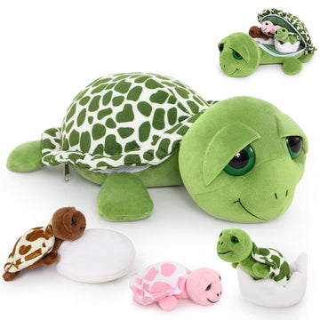 Morismos Sea Turtle Stuffed Animal-14'' Mom Stuffed Turtle With 3 Baby Turtle Toys & 2 Plush Turtle Eggs In Zipper Tummy, Stuffe