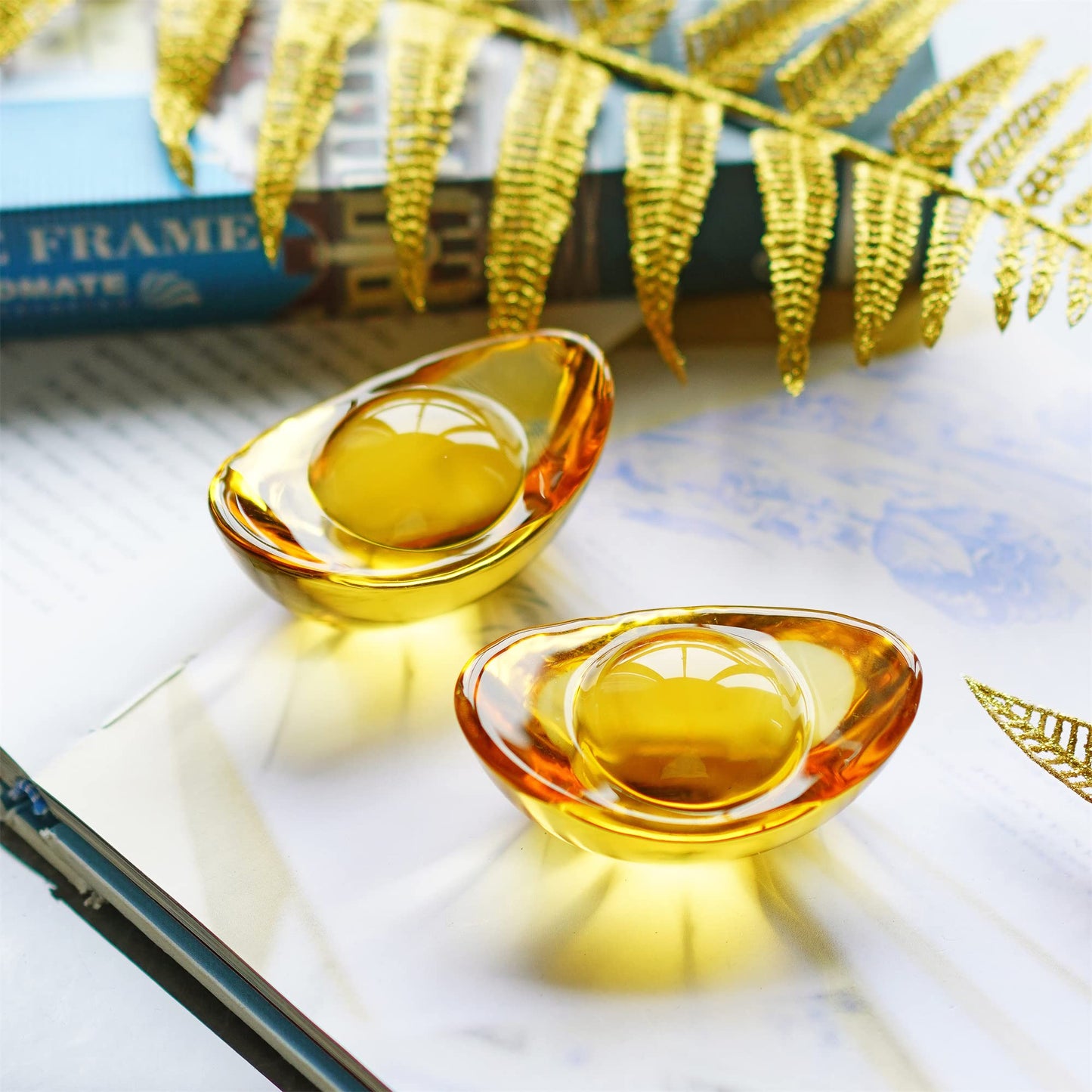 2Pcs Handmade Chinese Yellow Crystal Yuan Bao Figurine Collectibles Feng Shui Golden Ingot Statues Ornament For Wealth Luck,3Inch