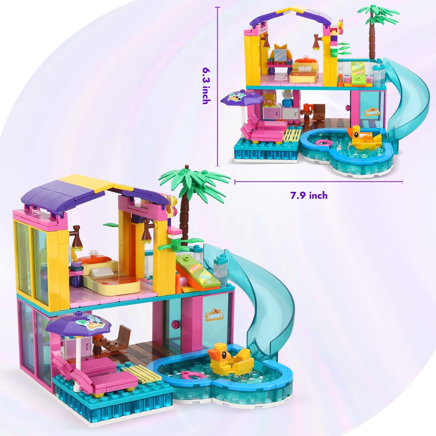 Dream Girls Friends Beach Villa Building Set 380 Pcs With Slide, Swimming Pool, Party Room & Vacation House Building Kits For Kids Girls 6-8-12