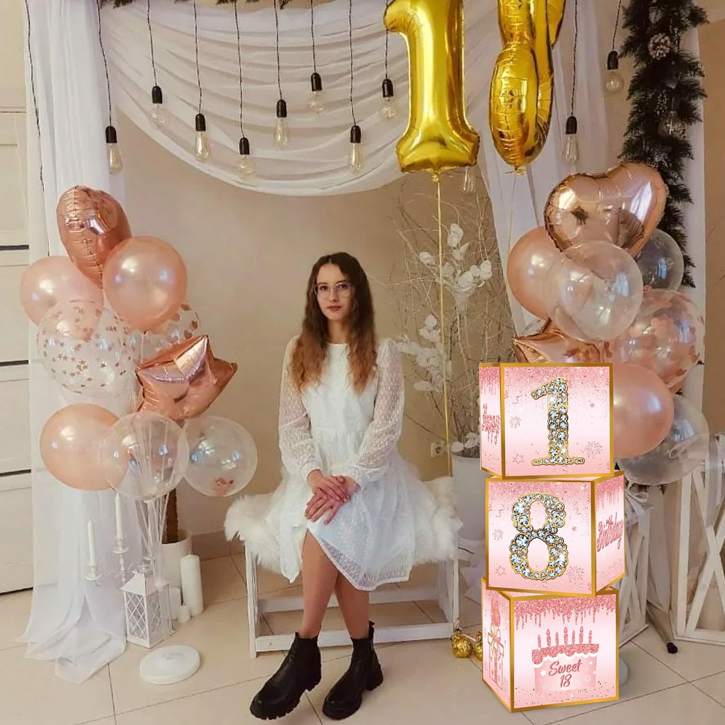 Toniful 4 Pcs Sweet 18Th Birthday Decorations Boxes For Girl, Sixteen Years Old Birthday Cardboard Box,Pink And Rose Gold 18Th B